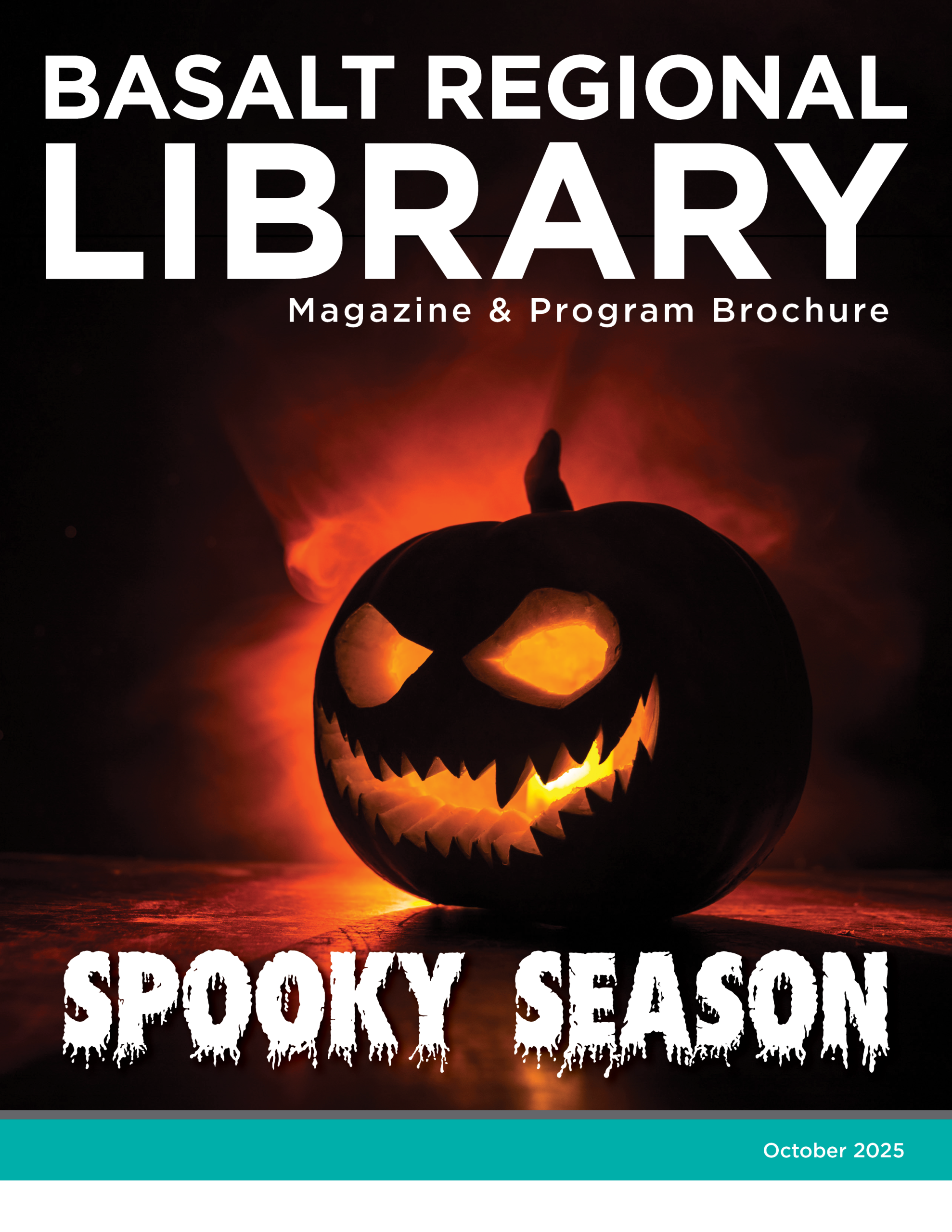Basalt Regional Library Magazine cover for October 2025 featuring a carved pumpkin lit up.