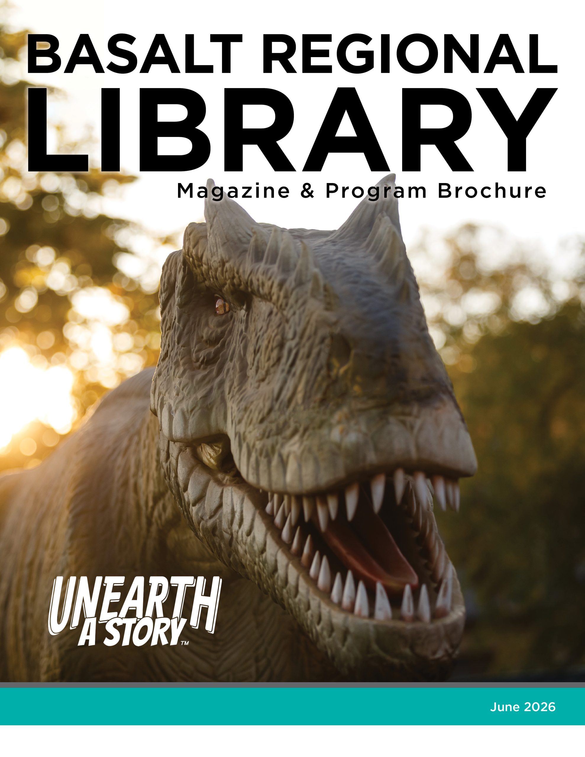 Cover to Basalt Regional Library Magazine for June 2026 featuring a dinosaur